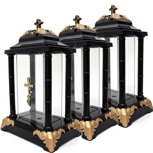 Set 3 čiernych svietnikov lampa s krížom a zlatými dekoráciami